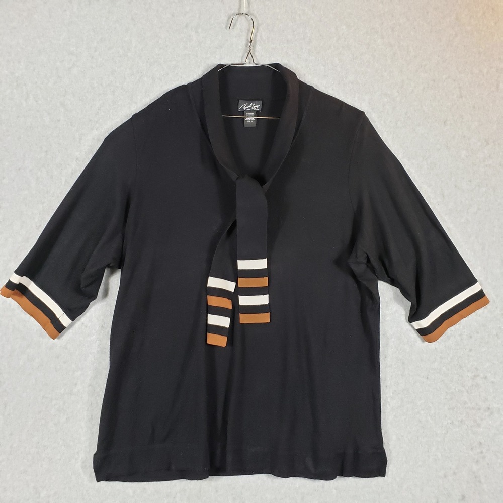 Russell Kemp NY Black Striped Tie Neck 3/4 Sleeve Knit Top Women's‎ 3X Modern